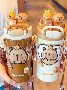 Cute Childrens Double Drink Straw Water Bottle School Thermal Cup Antibacterial Stainless Steel Inner Lid PP Outer Lid 520ml