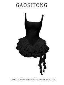 Gaositong Ballet Style U-Neck Strapless Dress Womens Autumn Winter Puffy Waist Tulle Skirt with Sash Commute Style High Waist Short Dress