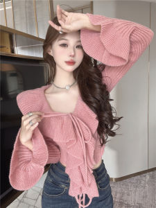 GUZILIAN | Elegant V-Neck Knitted Sweater Womens Slim Fit Bell Sleeve Belted Short Top Sweet Youthful Pure Desire Fashionable Commute Style