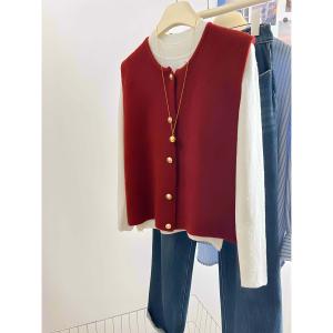 Red Knitted Mini Sweater round Neck Sleeveless Spring New Year Small Size Korean Style Comfortable Soft Long Sleeve Cardigan