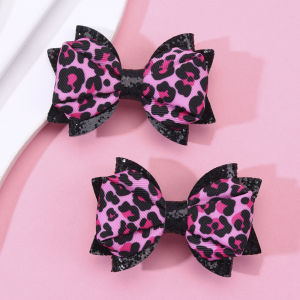 2Pcs Leopard Print Bow Hair Clips For Little Girls Black Pink Cheetah Hairpins Glitter Sequin Barrette Children Hair Accessories