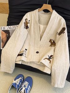 Artistic Heavy Embroidery V-Neck Open Cardigan Womens Loose Casual Cotton Linen Outerwear Top Spring Autumn New Style