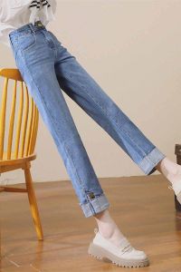 JOVKATTI High Waist Straight Leg Jeans Womens Spring Autumn New Style Retro Blue Cuffed Elastic Smoke Tube Slimming Jeans