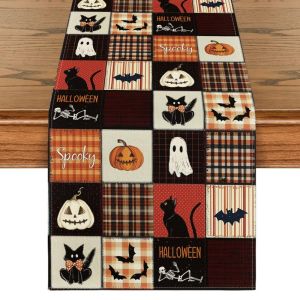 VIKAMA Halloween Table Runner Chắp Vá Chăn Mèo Đen Ma Bí Ngô Bát Xương Khăn Trải Bàn Vải Lanh Cho Bàn Ăn Nhà Nông Trang Trang Trí Tiệc