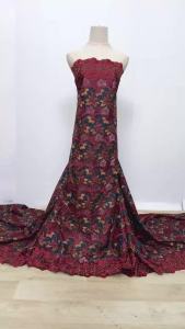 Rich Red African Swiss Cotton Lace Fabric with Multicolor Floral Patterns Gold Blue Embellishments & Stones For Wedding & Party