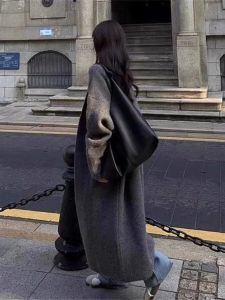 Gray Lazy Style Mid-Length Knitted Sweater Coat Womens Thickened Slimming Vintage Autumn Winter Open Cardigan Long Sleeve