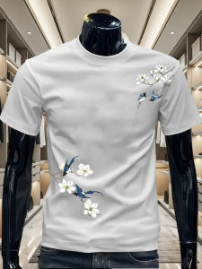 Áo Thun Tay Ngắn in Họa Tiết Hoa Chim Cotton Nguyên Chất Mùa Hè Cho Nam Áo Thun Cổ Tròn Thường Ngày Chống Bong Bóng