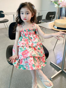 Korean Style Sweet Flower Girls Summer Dress Baby Girls Fashionable Floral Princess Skirt Trendy Strap Dress Childrens Clothing