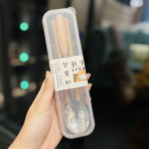 304 Stainless Steel Chopsticks Set Japanese Style Cute Student Canteen Outdoor Restaurant Portable Wooden Chopsticks Tableware