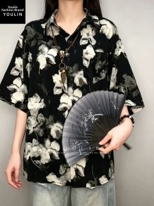 YOULIN | Chinese Ink Print Ice Silk Summer Loose Fit Short Sleeve Shirt