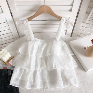 Summer New Fresh Cute Youth-Looking Polka Dot Chiffon Ruffles Sleeveless Layer Cake Spaghetti-Strap Camisole Top