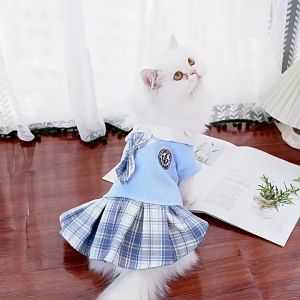 MADDIE เสื้อผ้าสุนัขและแมว ชุดสูททำด้วยผ้าขนสัตว์ JK Suit ชุดเดรสลายสก๊อต เนคไทน่ารัก HHMPS00942