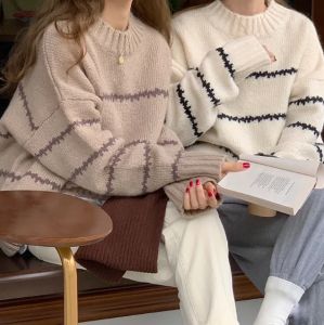 Stripe Knitted Sweaters for Women Korean Trendy Long Sleeve Casual Pullover Tops(40-60kg)