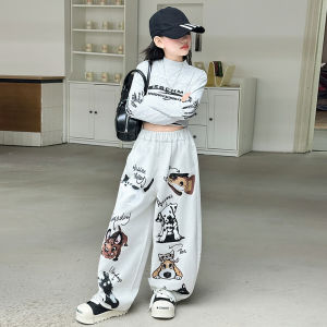 MPW | Fashionable Girls Outfit Dog Print Wide Leg Pants Top And Bottoms Set Korean Style Childrens Clothing Spring Autumn Wear