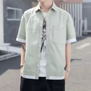 Fake Two Pieces Short sleeve Shirts Mens Summer Thin Loose Trendy Casual Plus size Simple Outerwear Ice Silk Top Clothes