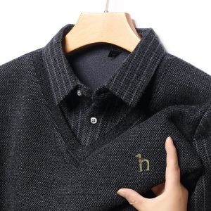 Designer Original Mens Dog Print Fake Two-Piece Long Sleeve T-Shirt Winter New Thickened Pullover Sweater Business Menswear Top