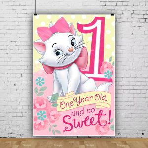 Potdemiel | Cute Pink Marie Cat Backdrop Girls Birthday Decorations Party Supplies Baby Shower Banner Photo Background Poster Props Gifts