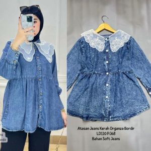 Atasan Wanita Bahan Jeans Wash Bordir Mix Organza/Atasan Wanita Terbaru/Atasan Blouse Jeans/Kemeja Jeans Wanita