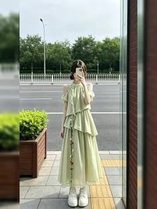 NIUVIES | Đầm Mùa Hè Xanh Pháp Dáng Trễ Vai