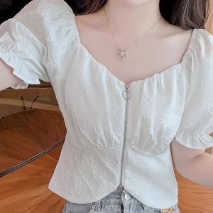 NUANKONG | Square Collar Chiffon Short Sleeve Stylish Asymmetrical Blouse