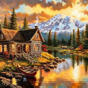 Huacan Full Diamond Painting Lakeside Wooden House Snow Mountain Diamond Mosaic Landscape Set Home Decoration Gift