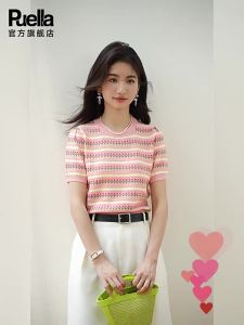 puella | Quần Áo Len Cổ Vuông Phong Cách Pháp Có Sọc Ngắn Tay
