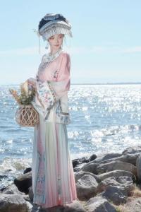 Antique Gradual Transition round Neck Womens Hanfu Jiangshen Little Lady Style Pink Traditional Chinese Festival Costume