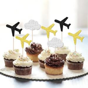 YOMDID 24Pcs Airplane Cake Toppers Multi Glittering Cloud Plane Cupcake Toppers Decorations Travel Theme Cake Toppers
