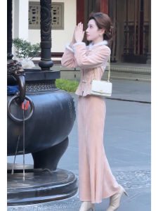 SHANGSHA | Elegant Traditional Chinese Style Pink Velvet Dress Suit