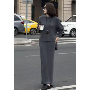 Grey Short Sleeve round Neck Set for Women plus Size High Waist Slimming Skirt Casual Commute Style Spring Collection