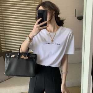 Summer 2025 New Simple Letter Print Pure Cotton T-Shirt White Top Women Salt System INS Loose Shoulder Short Sleeve Korean Style Commute