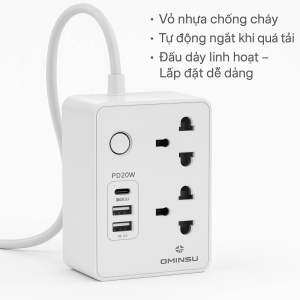 Ổ Cắm Ominsu OS01 – Sạc Nhanh PD 20W 2 Ổ Cắm 1 USB- A Và 2 USB-C. chống giật hạn chế nhiễu dây dài 2m.