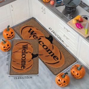 VIKAMA 1/2Pcs Halloween Pumpkin Welcome Doormat Anti‑Slip Kitchen Rug Fall Harvest Floor Mat Entrance Hallway Home Decoration