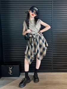 Trendy Plaid Mini Skirt Pants Set for Girls Summer New Arrival Korean Style Breathable Comfortable Short Pants Childrens Clothing