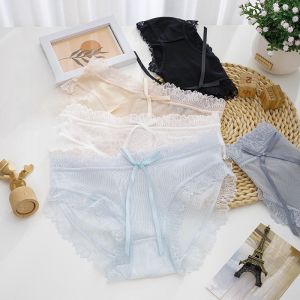 กางเกงในผู้หญิง ลูกไม้ ดีไซน์โบว์น่ารัก เอวสูง ระบายอากาศ 5 ตัว/แพ็ค
