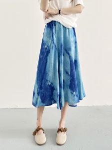 กระโปรงทรงเอเอวสูงผ้าคอตตอนผสมไหมสีกลางๆ ทรงเอ กระโปรงทรงร่มสไตล์เกาหลีสำหรับผู้หญิงในช่วงฤดูร้อนปี 2025