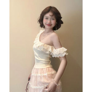 YUEZHONGWEI | Áo ba lỗ ren mỏng kiểu Pháp cho nữ mùa hè Áo ba lỗ hở vai ngắn ôm vừa vặn Áo khoác ngoài bằng lụa băng dệt kim