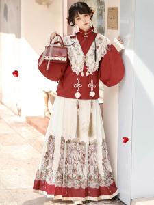 Original Girls Neverland Strawberry Rabbit Han-Yo Synthesis Sleeve Top Half Skirt Set Autumn 2024 Polyester Fiber