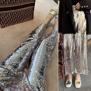 Silver Shiny Sequin Wide Leg Pants High Waist Drapey Straight Casual Long Trousers for Women Stage Spring New Style