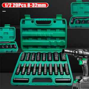 20pcs 1/2 Inch Drive Hex Impact Socket Set Universal Socket Metric Sizes Carbon Steel Impact Heads For Air Pneumatic Repair Tool Heavy Metric Garage Tool For Wrench Adapter Hand Tool Set
