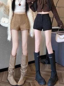 กางเกงขาสั้นผ้าขนสัตว์ลายเสือดาวสีกรมท่าสำหรับผู้หญิง กางเกงขายาวทรงเอเอวสูง กางเกงขายาวลำลอง ฤดูใบไม้ร่วง/ฤดูหนาว 2025 ใหม่