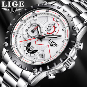 LIGE นาฬิกาแฟชั่นบุรุษนาฬิกาแบรนด์หรูชั้นนำสีเงินสแตนเลส 30 เมตรนาฬิกาควอทซ์กันน้ำสำหรับผู้ชายกองทัพทหารโครโนกราฟ