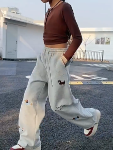 New Pants For Kids Girl Puppy Embroidery Cotton Sweat Pants For Kids Girl Jogger Pants Baggy Pants For Kids Girl Two Wearing Way 7-15yrs ootd For Kids Girl