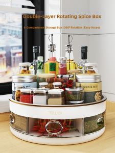 BW | Kitchen Multi-Grid Spice Organizer Rotating Rack for Oil Salt Sauce Vinegar Storage Countertop Shelf Nordic Style Plastic