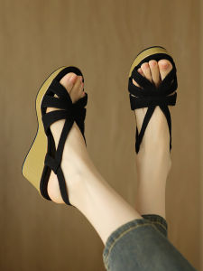 Cocoa Shoemaker Bohemian Roman Sandals for Women with Wedge Heel Hollow Sole and Peep Toe Black High Heels Fashionable and Waterproof