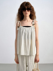 Holiday Feel Striped Wood Decorated Strap Two Wear Top French Style Cotton Blend Womens Vest Strap Outfit Flowersays