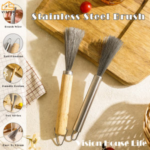 Vision 1PC Long Handle Stainless Steel Pot Wok Brush Wooden Handle Stainless Steel Brush Cleaning Brush Kitchen Cleaning Tools Scrubber for Cast Iron Skillet Grill Pan Cleaning Dirty Stubborn Bad Stains