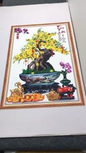 Tranh dán tường dán kiếng chậu mai đào bon sai Tài Lộc trang trí Tết chất lượng cao VTC 527BS