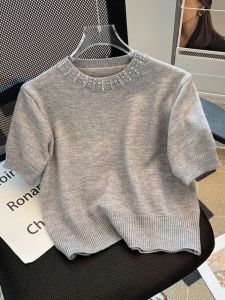 Summer 2025 Womens Knitted Short Sleeve Sweater Heavy Embroidery Diamond Design Shoulder Width Regular Korean Style Silk Top