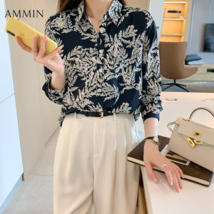 Ammin 2024 mới của phụ nữ dài tay khí chất với in cổ điển Áo sơ mi phong cách Hàn Quốc thời trang và thanh lịch lỏng thường đa năng đi lại tay áo Bong bóng in áo voan